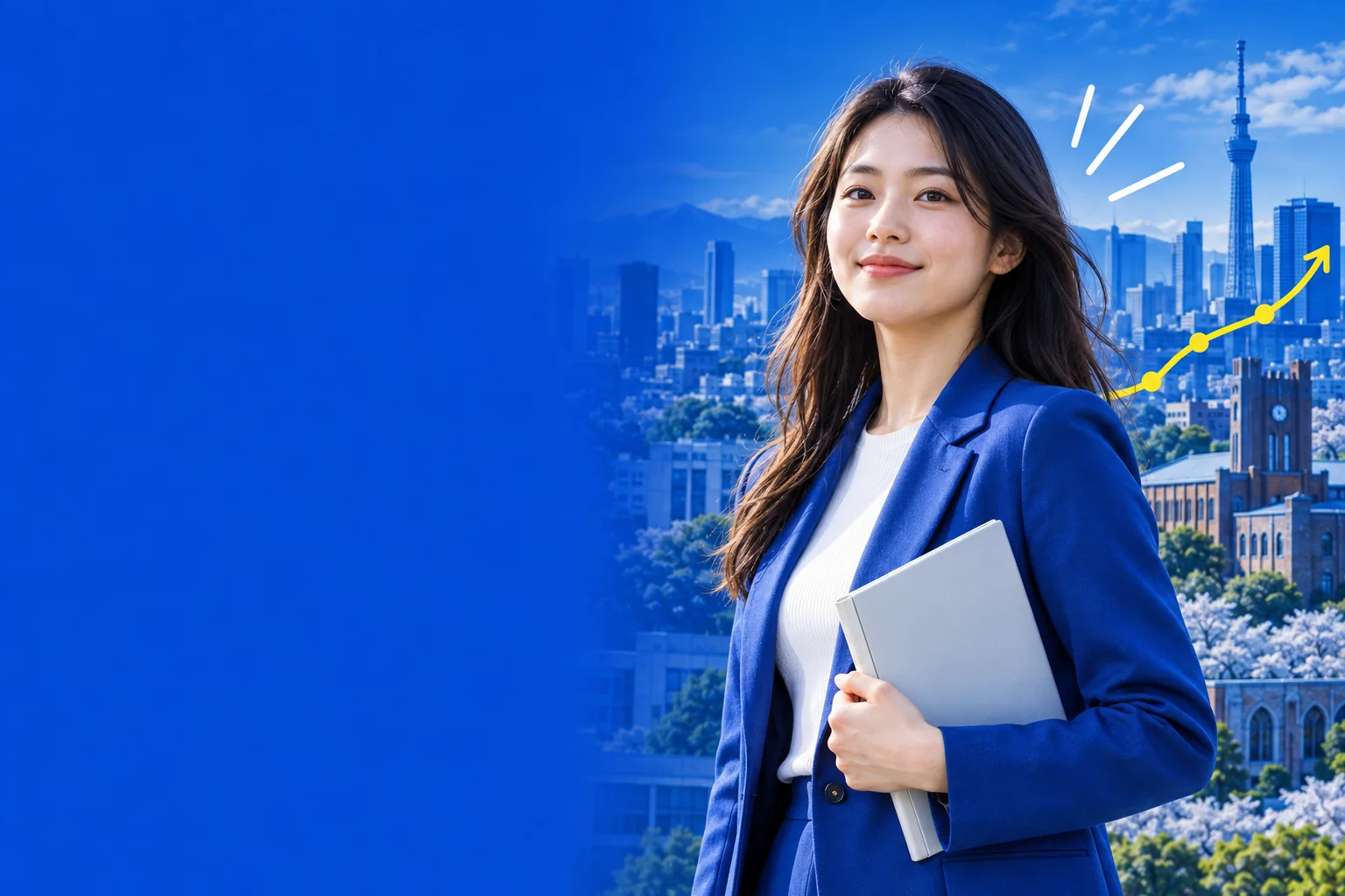 Career illustration of a young professional with the Tokyo skyline