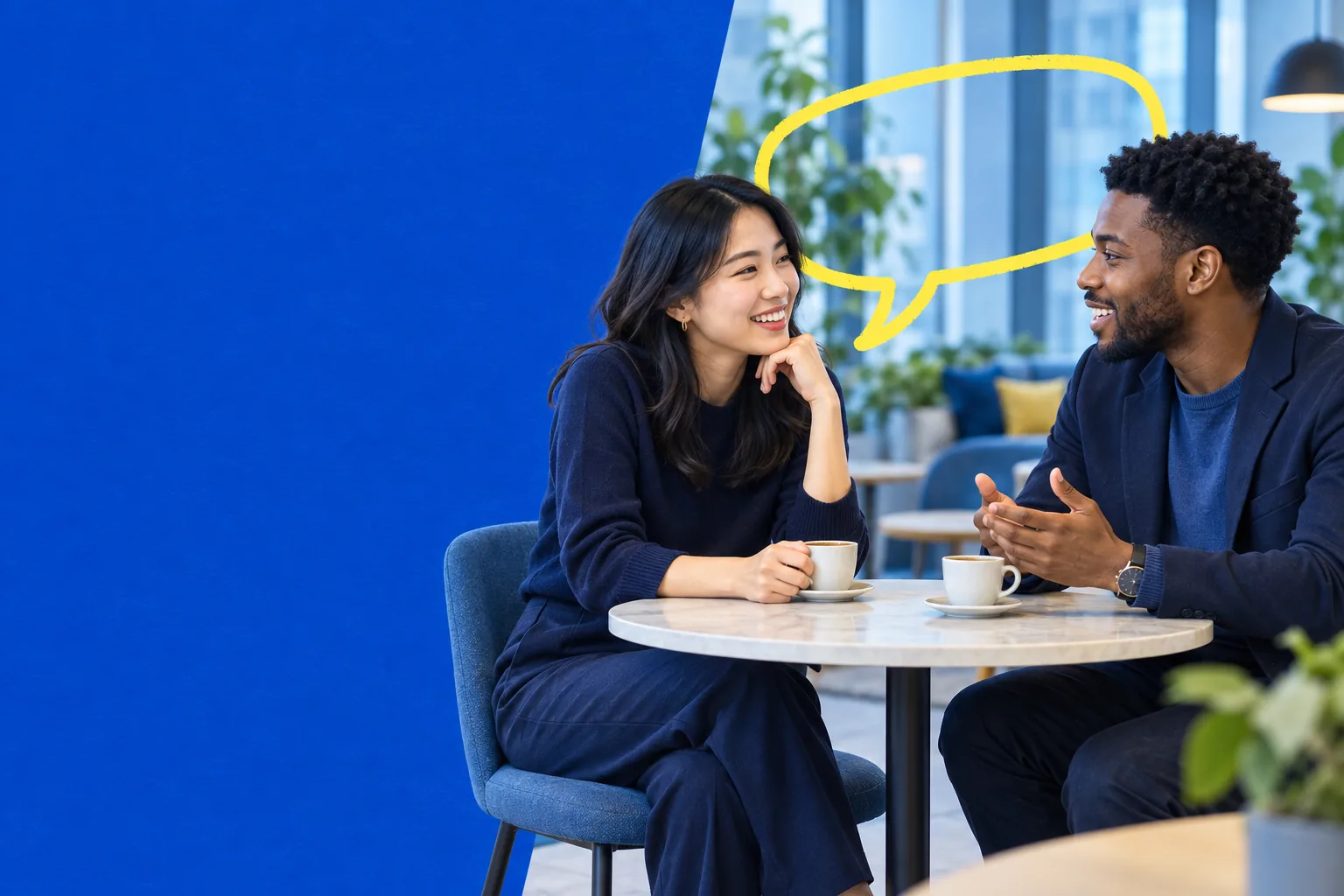 Two professionals having a relaxed career conversation over coffee in a bright lounge.