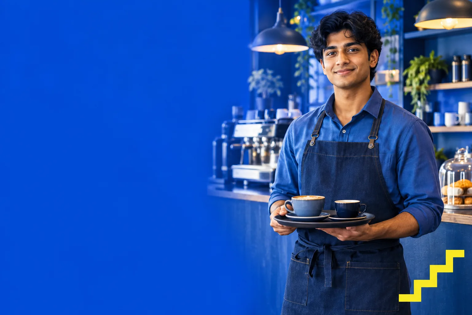 A student barista in a blue apron holding coffee at a cafe, illustrating transferable work experience.