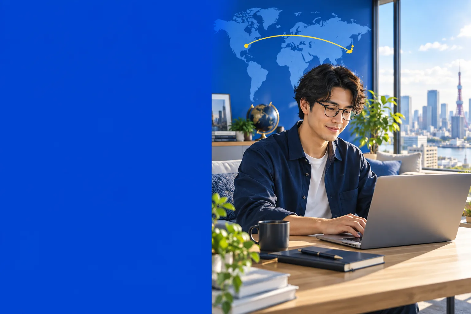 A remote professional working on a laptop in a sunlit apartment with a blue world-map graphic.
